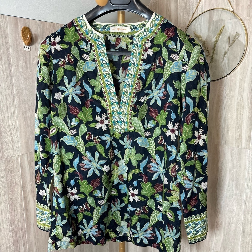 Tory Burch Embellished Garden Wisteria Beaded Garden Tunic Top Floral